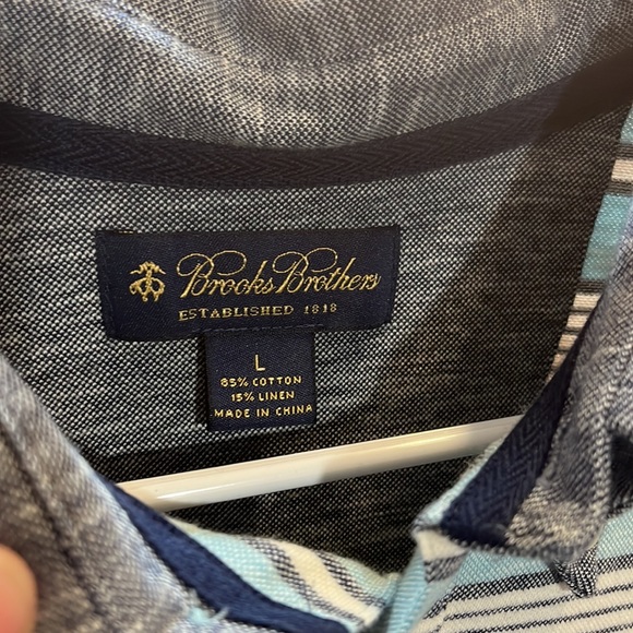 BROOKS BROTHERS Polo Cotton/Linen Striped Blue/White-Large - Picture 4 of 4